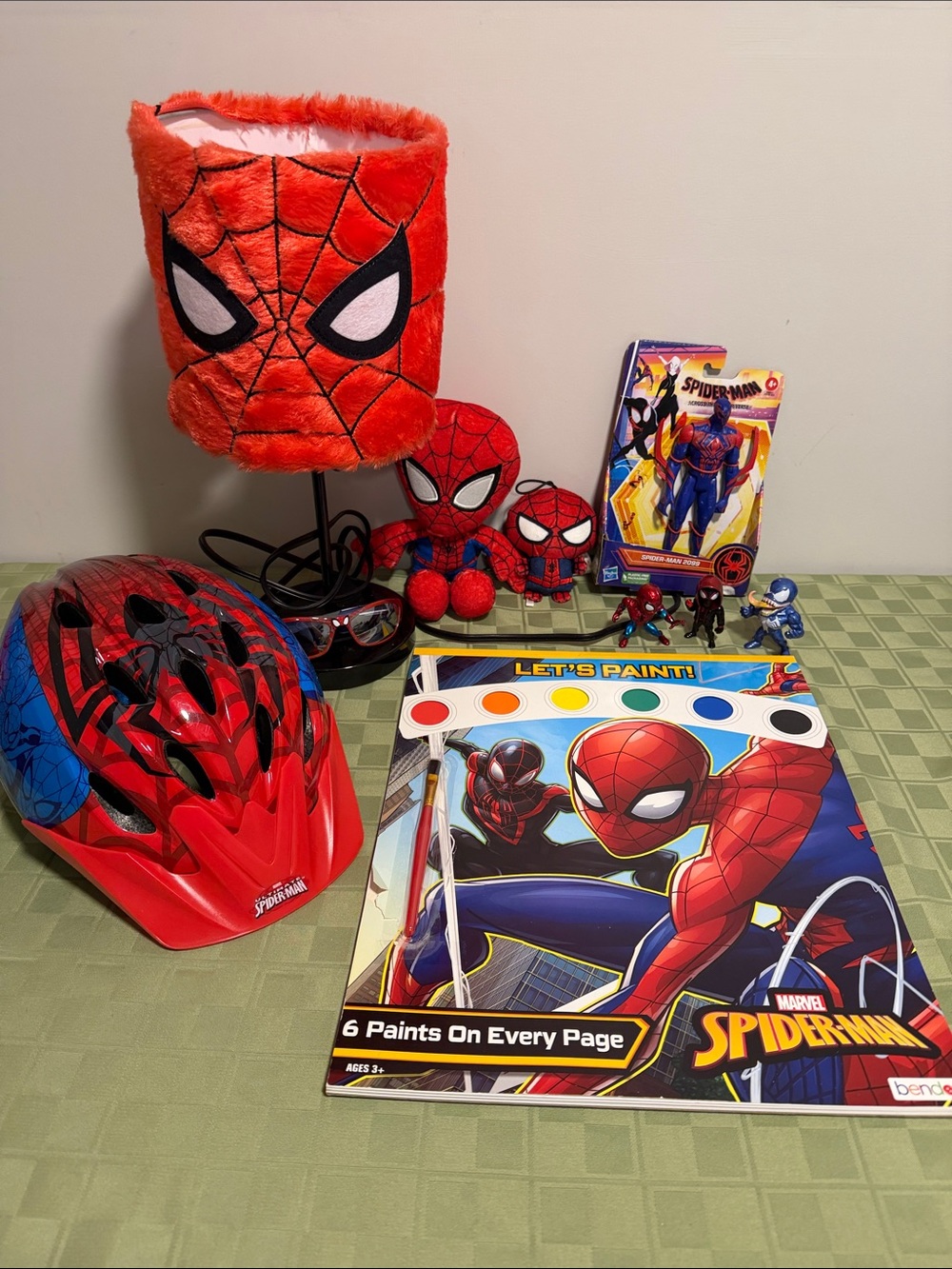Spiderman Helmet, Lamp, Plushes, Paint Book, 3 Diecast Figures and Toy Lot